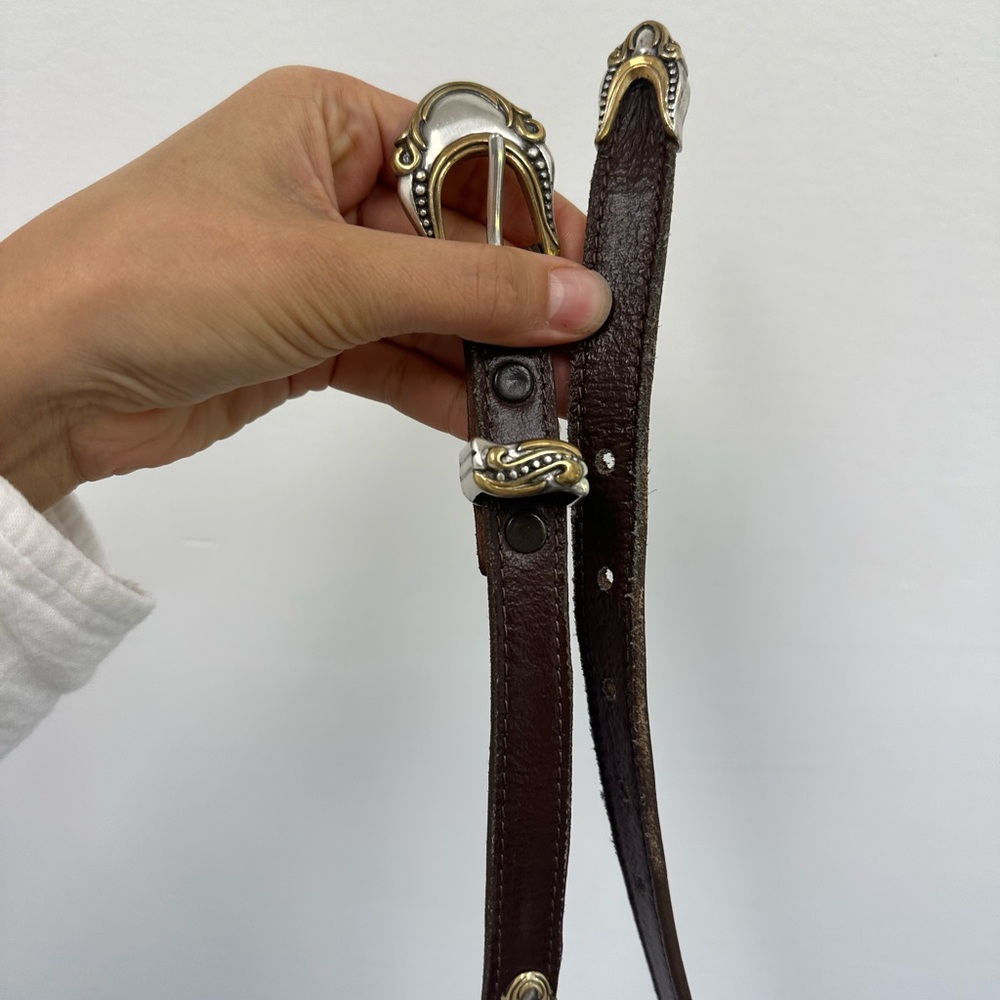 ⛔️SOLD⛔️Vintage Mixed Metal Two Tone Brown Leather Western Narrow Belt Adjustabl - Picture 7 of 9